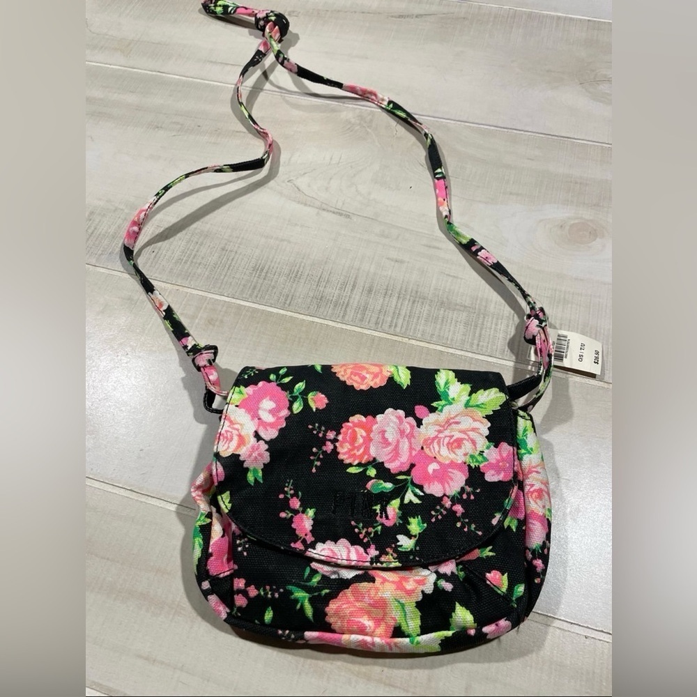 Victoria's Secret Black and Pink Floral Crossbody Bag PINK